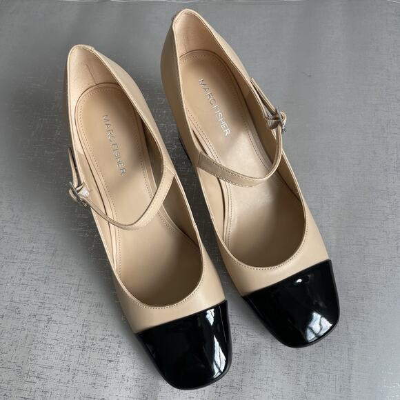 Marc Fisher Charine Square Toe Block Heel Pumps Beige Black Cap Toe 9M - Picture 10 of 10